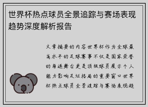 世界杯热点球员全景追踪与赛场表现趋势深度解析报告